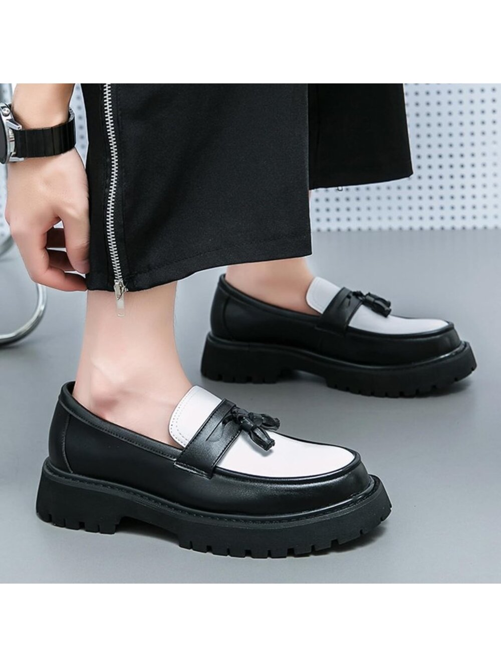 Men's Black White Chunky Platform Loafers Slip On Business Casual Dress Shoes
